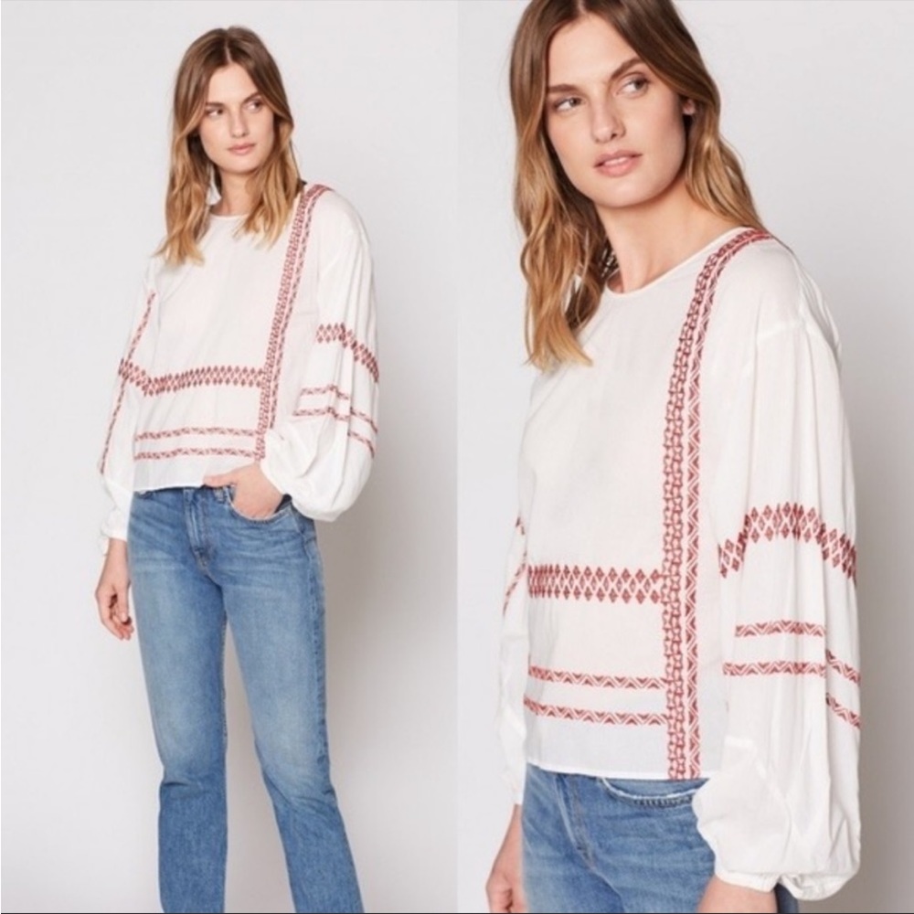 Joie Isandro White Red Embroidered Balloon Sleeve Blouse Top Womens M